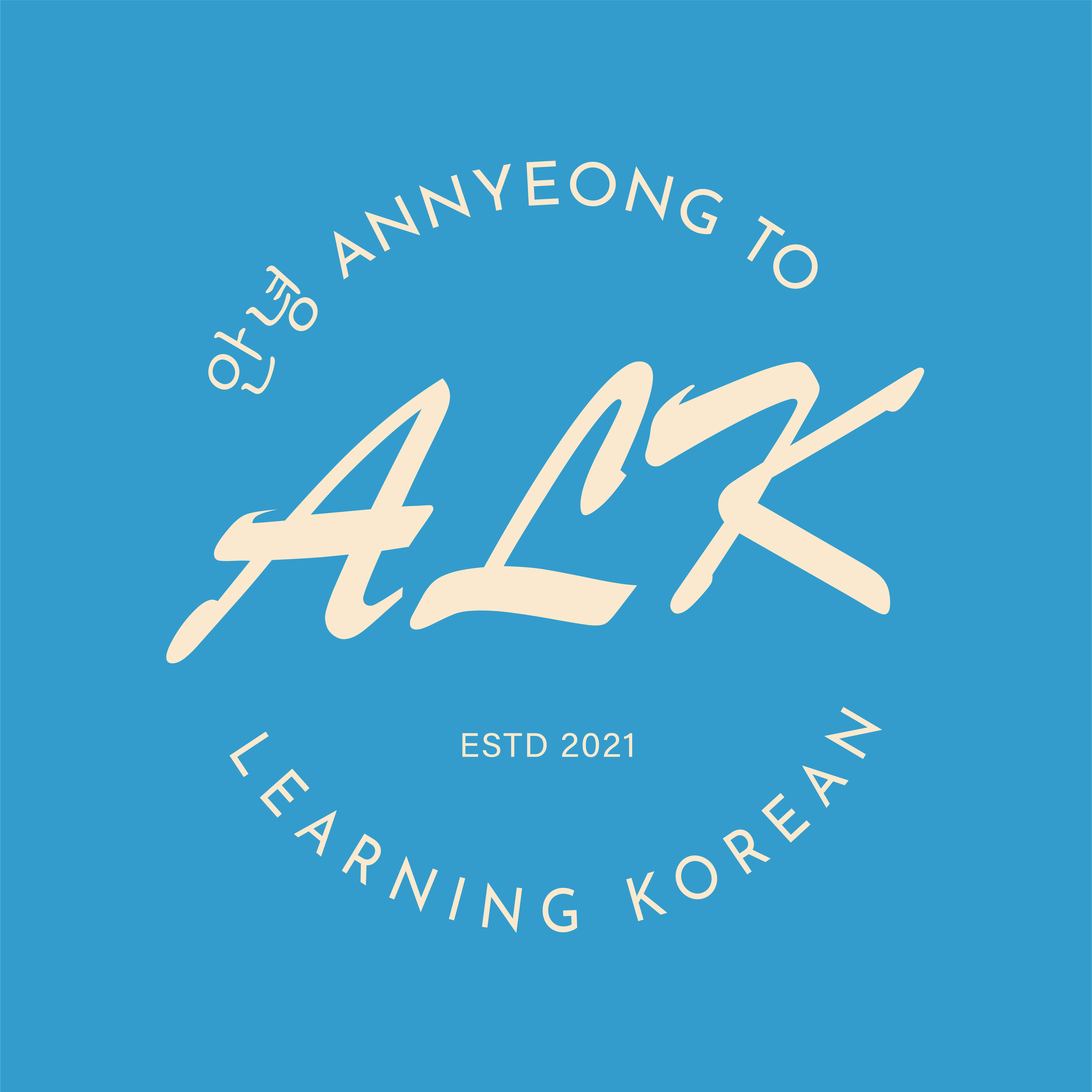 Logo for Annyeong to Learning Korean (ALK) featuring 'ALK' in a large.